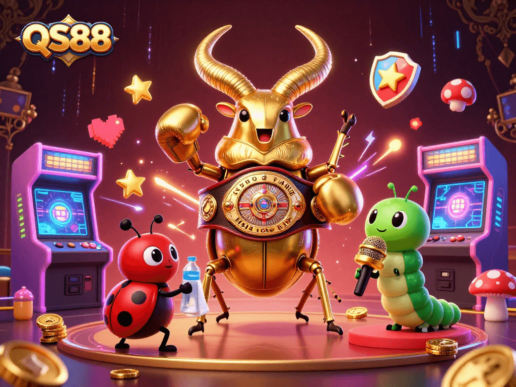 Experience thrilling casino gaming at QS88 with a dynamic 3D illustration featuring a giant beetle and arcade elements.