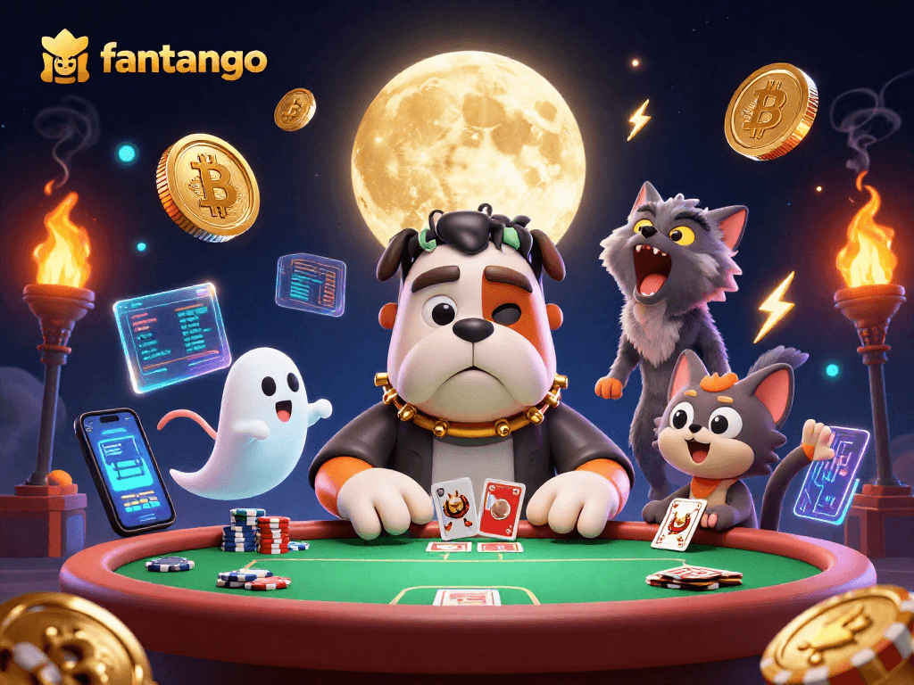 Play at fantango with a Frankenstein bulldog dealing cards in a spooky casino atmosphere.