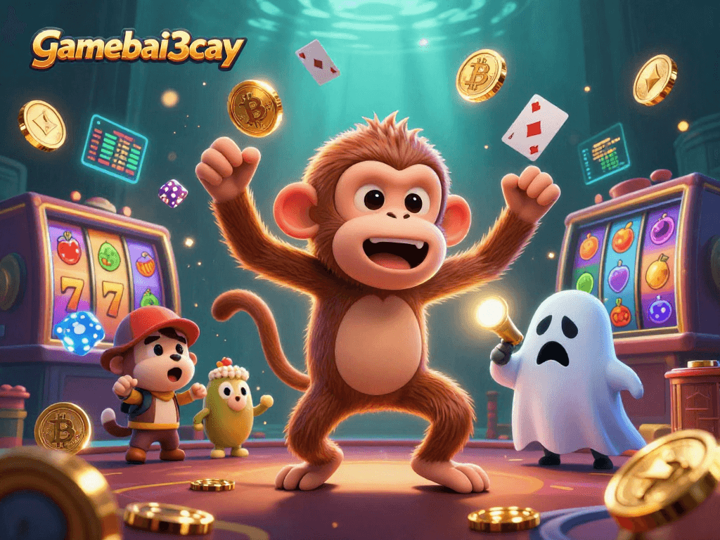 Engage in thrilling games at gamebai3cay with a lively haunted casino featuring a monkey and ghost-hunter.