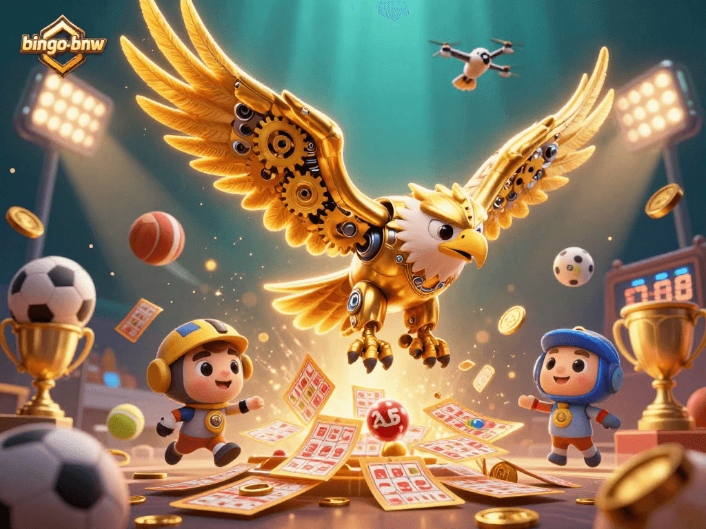 Bingo-bnw invites gamers to experience the thrill of online bingo with vibrant scenes featuring energetic golden eagle.
