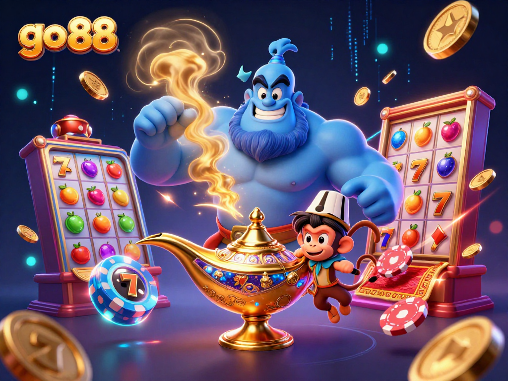 Experience thrilling plays in go 88's vibrant slots scene featuring a blue genie, flying poker chips, and glowing jackpots.