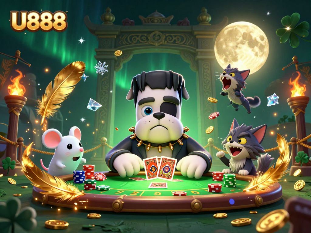 Engage with U888 as a Frankenstein bulldog deals cards at a thrilling casino table