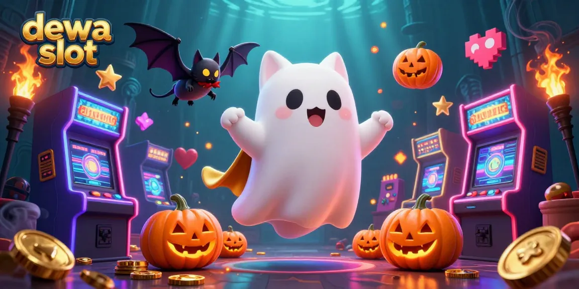 Explore exciting dewa slot adventures in a vibrant haunted casino with glowing characters and games.