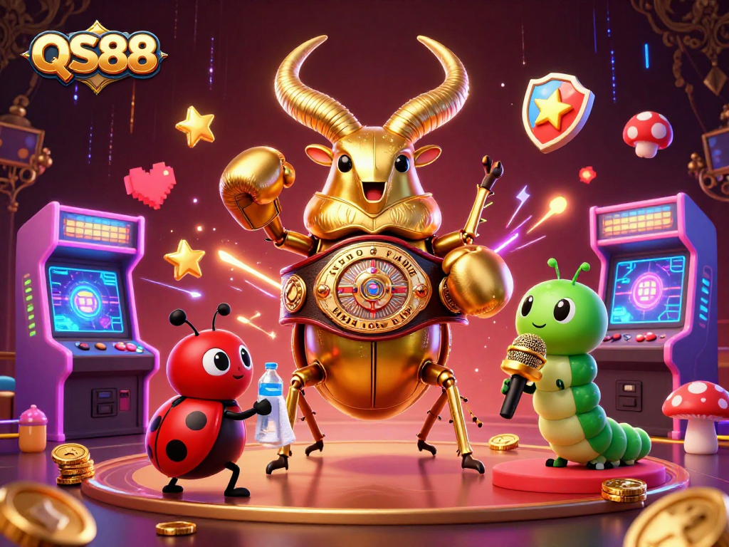 Experience thrilling casino gaming at QS88 with a dynamic 3D illustration featuring a giant beetle and arcade elements.