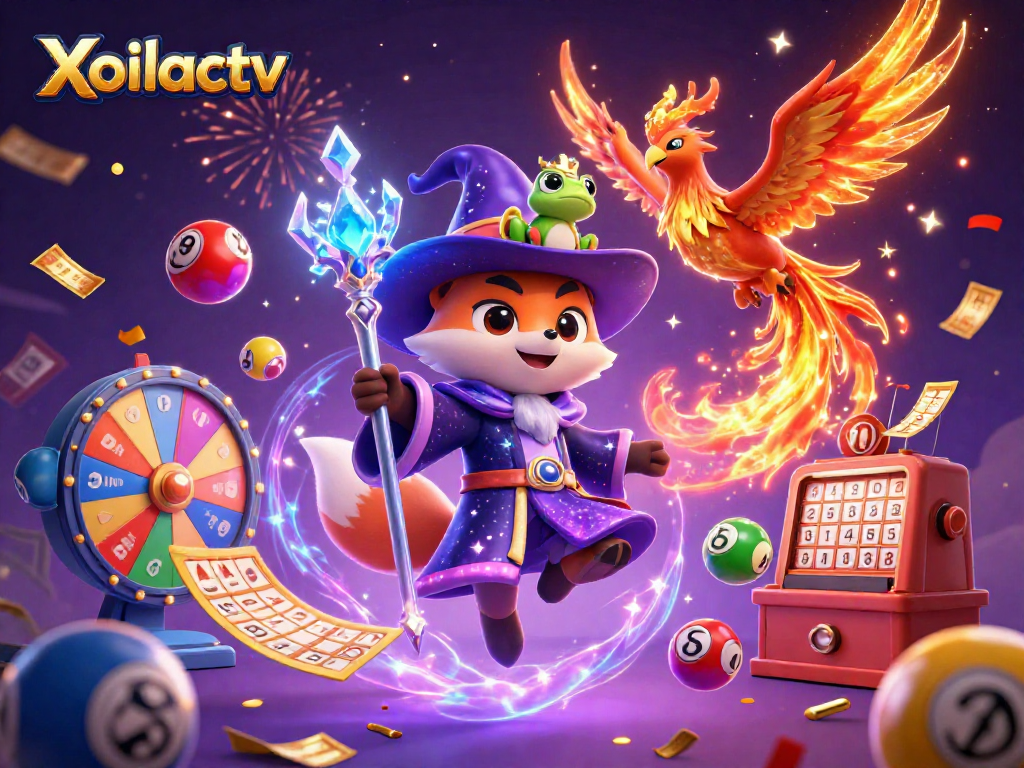 Xoilactv engages players with a magical scene of a wizard fox and phoenix amidst colorful lottery elements.