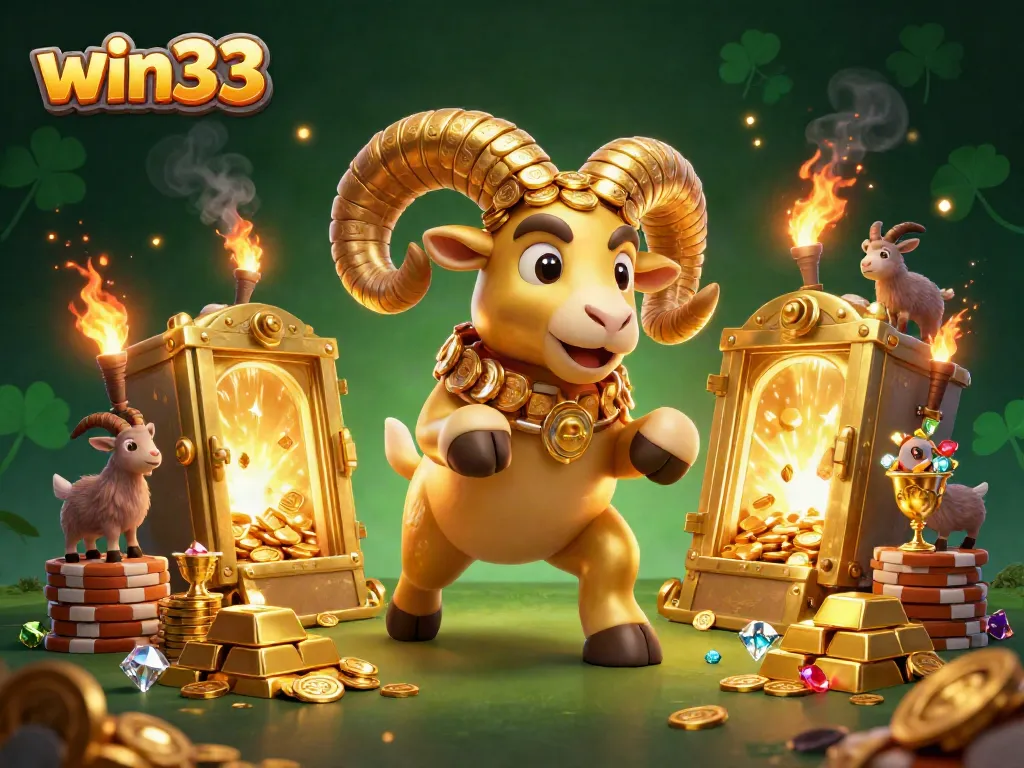 Win33 players strategize as a golden ram charges through a treasure-filled gateway in this vibrant casino illustration.