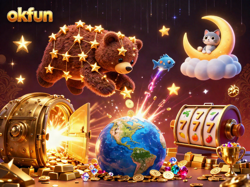 Experience the thrill of okfun with a vibrant 3D casino illustration, featuring glittering slot elements.
