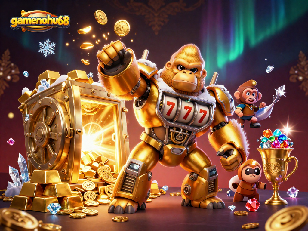 Experience gamenohu68 with an action-packed scene featuring a golden gorilla mech and treasure vault.