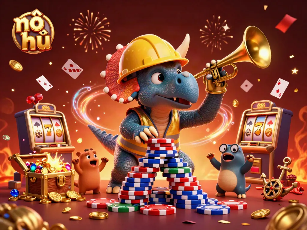 Engage with nổ hũ gaming as a cartoon triceratops builds a jackpot pyramid surrounded by excitement.