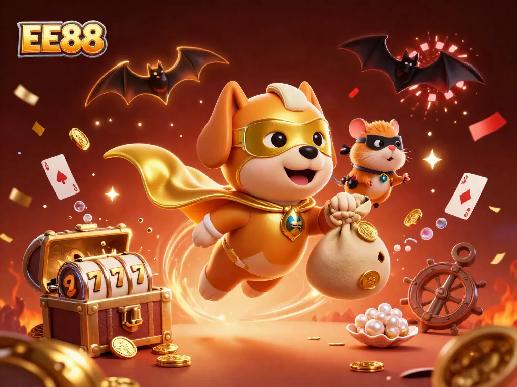 EE88's gaming adventure with a superhero dog and hamster explores a treasure-filled casino world.