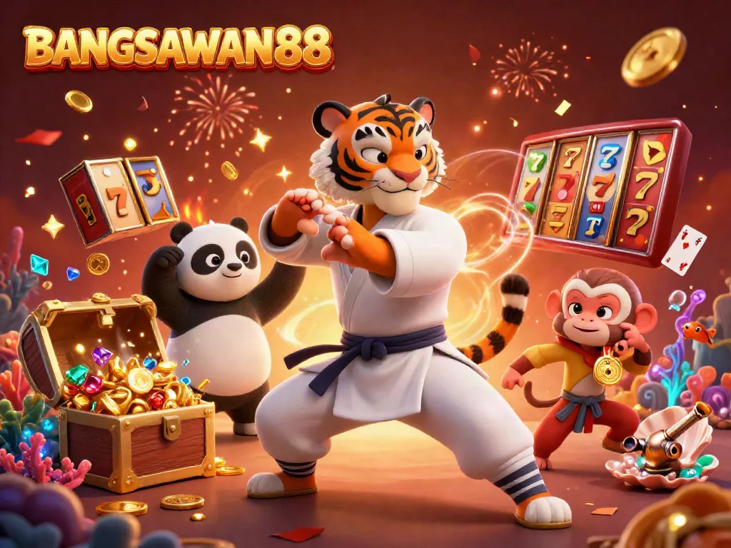 BANGSAWAN88 revamps the online casino thrill with dynamic 3D illustration showcasing exciting slots and playful characters.