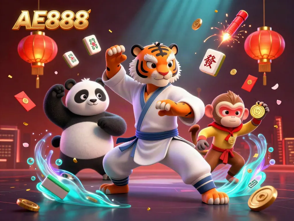 Experience exhilarating gameplay with AE888, showcasing a kung fu tiger and panda in a vibrant casino scene.