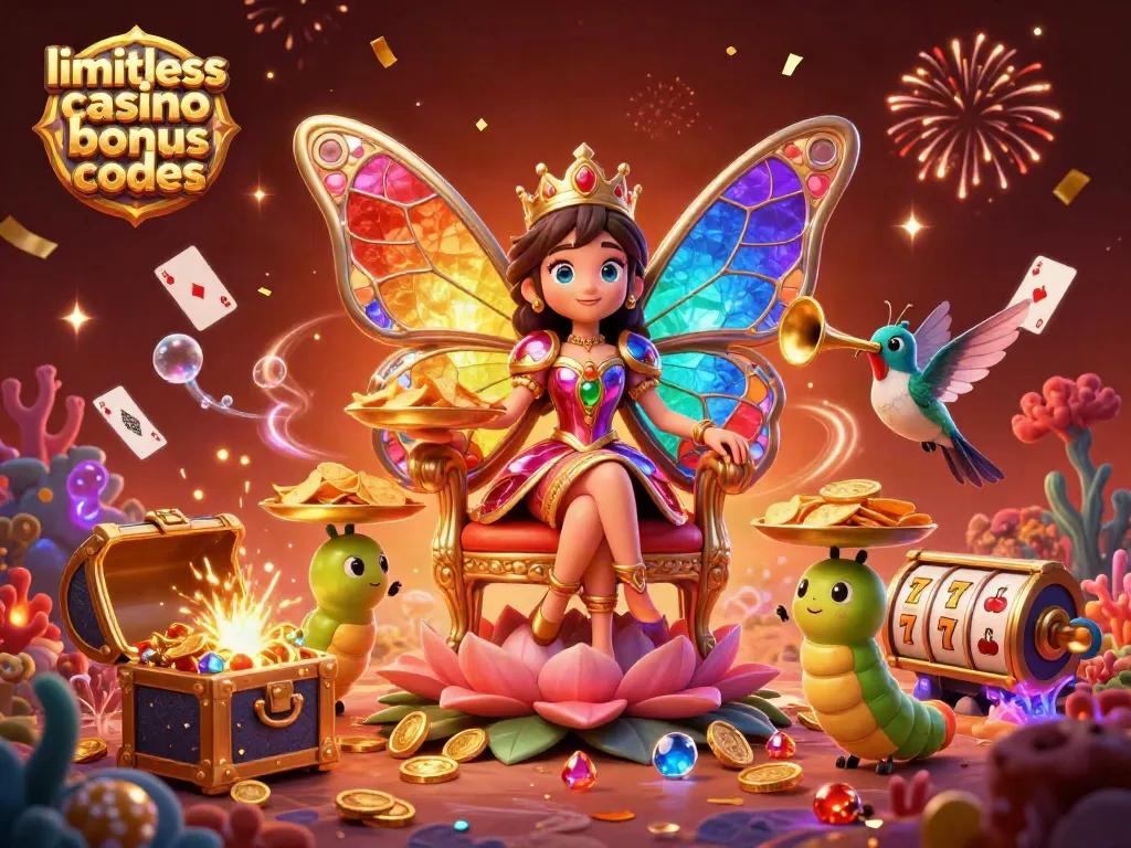 Experience exciting limitless casino bonus codes with a vibrant 3D illustration featuring a colorful butterfly queen.