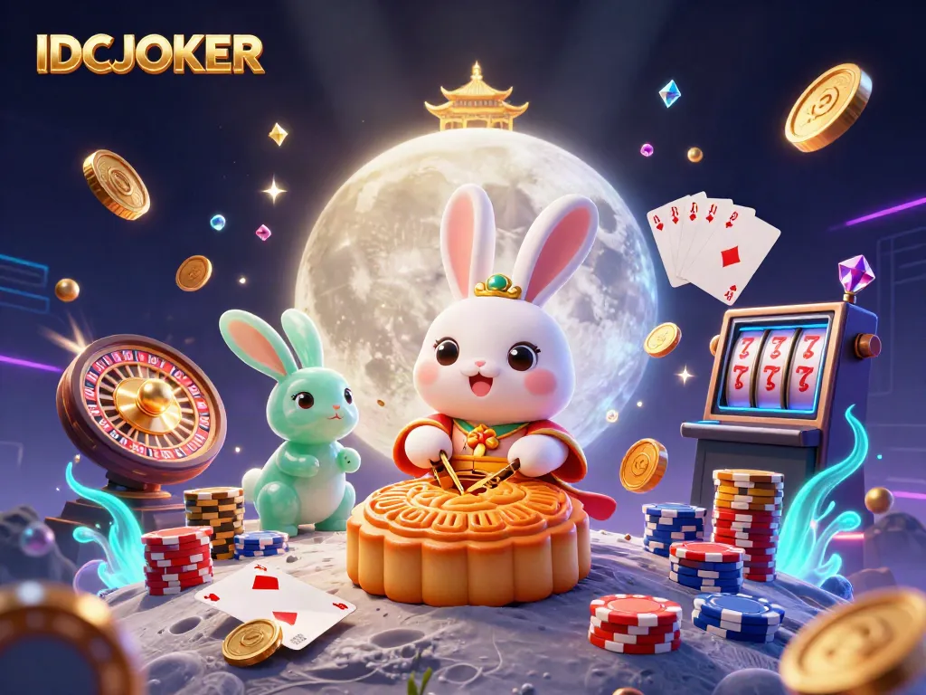 Experience exciting gameplay at IDCJOKER with the dynamic moon rabbit showcasing poker chips and casino elements.