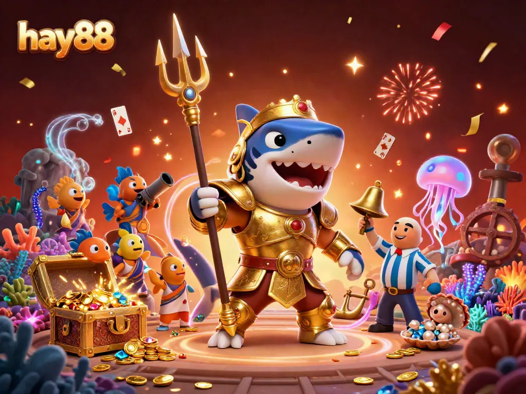 Engage in thrilling action with hay88’s adventurous underwater casino featuring a tiger shark gladiator.