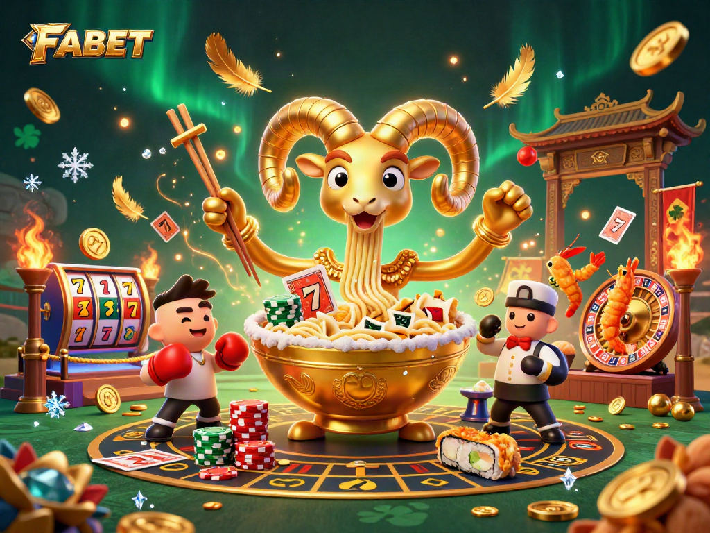 FABET showcases a vibrant online casino scene with a golden ramen bowl dealer amidst dynamic gaming elements.