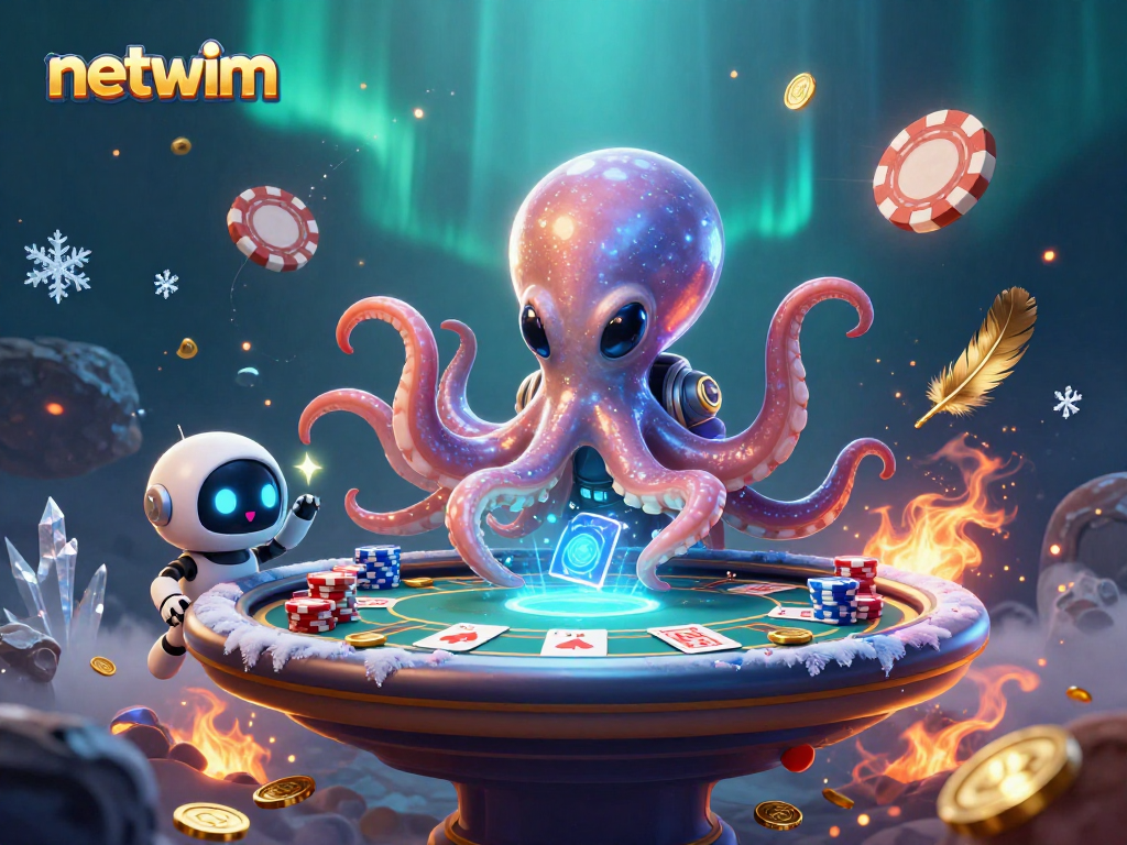 Engage with the dynamic netwim poker scene featuring an alien octopus and robotic companion.