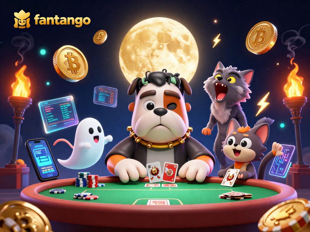 Play at fantango with a Frankenstein bulldog dealing cards in a spooky casino atmosphere.