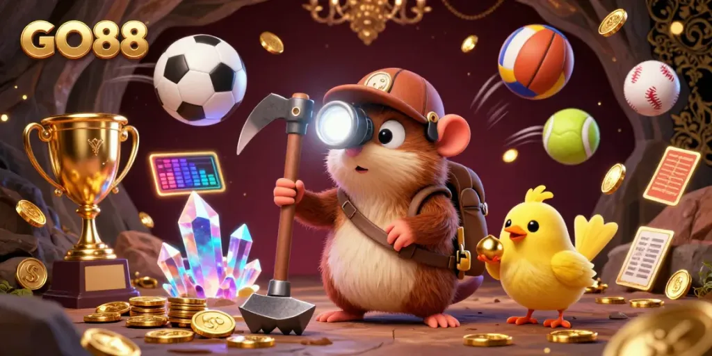 Experience the thrill of GO88 with a treasure hunter mole amidst glittering gems and vibrant sports elements.
