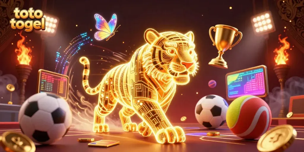 Engage in toto togel adventure with a neon-wireframe golden tiger in a vibrant 3D casino landscape.