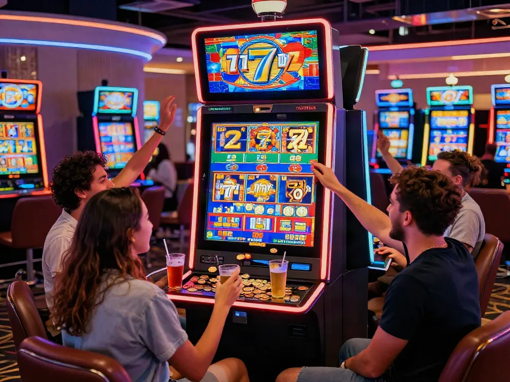 Exciting moment of friends celebrating a win at a Lucky777 themed slot machine in a vibrant casino.