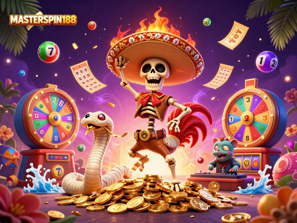 Win big at MASTERSPIN188 with lively lottery characters and vibrant casino elements!
