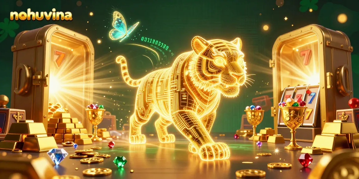 Hit the jackpot with nohuvina's vibrant casino scene featuring a golden tiger and treasures.