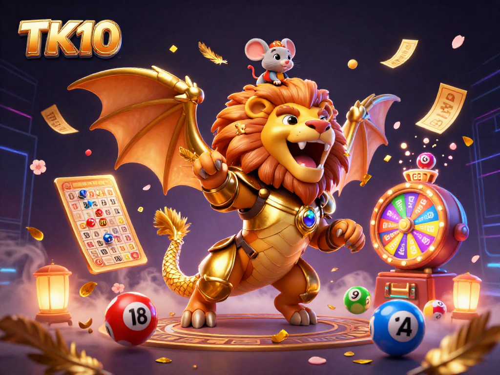 Experience the excitement of TK10 with a roaring chimera and dynamic casino elements in an enchanting scene.