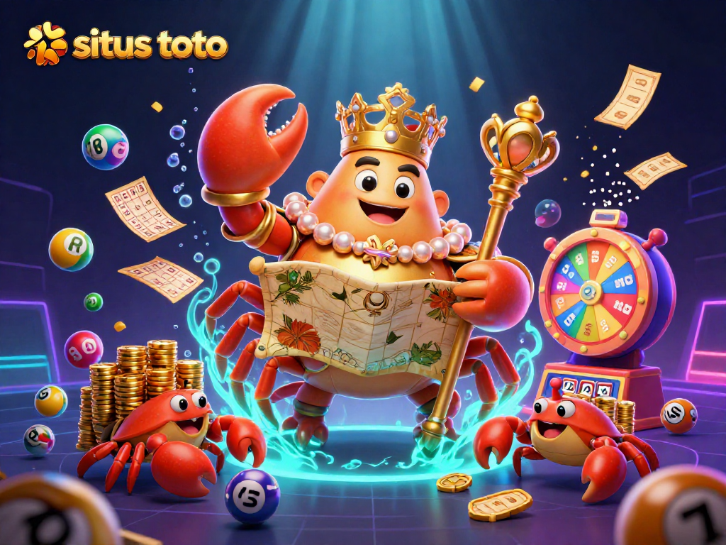 Engage with situs toto as colorful lottery balls bounce in a vibrant casino scene.