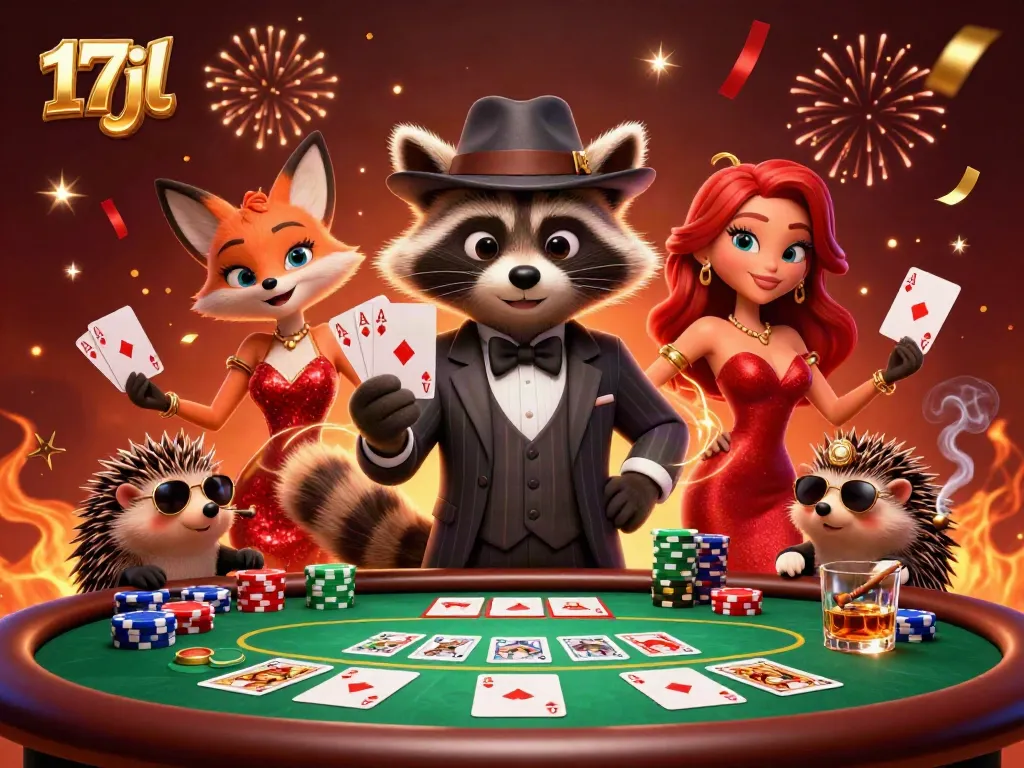 Experience thrilling poker action with 17jl in this vibrant 3D scene featuring a raccoon, fox, and hedgehog.