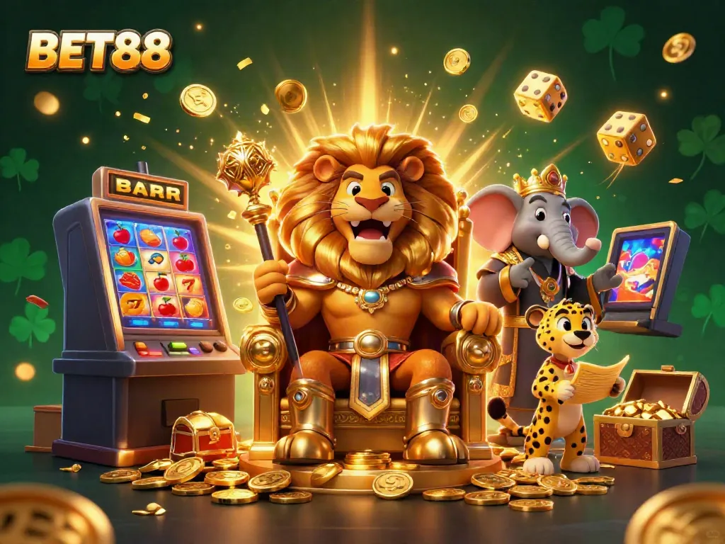 Trải nghiệm đa dạng với BET88: Vua sư tử, voi khôn và báo nhanh trong không gian casino sôi động.