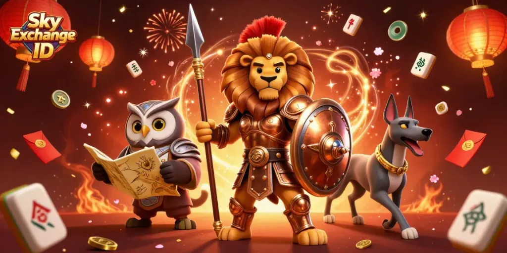 Engage in thrilling action with Sky Exchange ID, featuring a heroic bronze Spartan lion and vibrant casino elements.