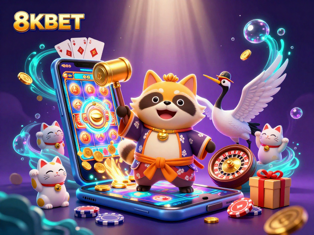Engage with 8KBET's dynamic casino scene featuring cheerful tanuki and lucky elements.