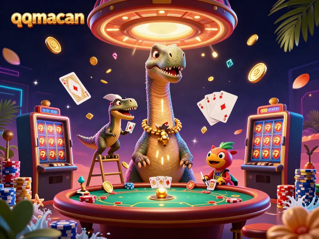 qqmacan showcases a vibrant casino scene with a brontosaurus interacting at a poker table.