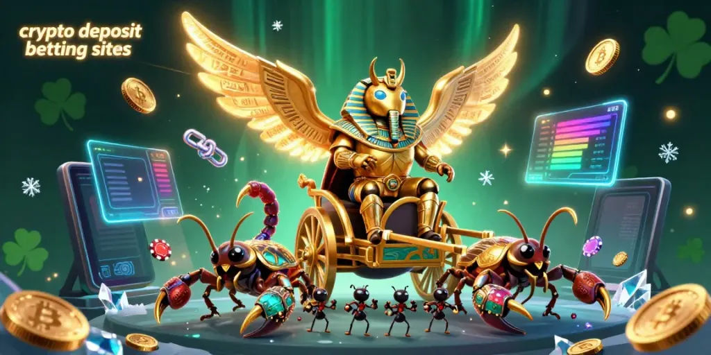 Engage with crypto deposit betting sites illustrated through a vivid 3D scene showcasing gaming elements like Bitcoin, Ethereum, and casino symbols.