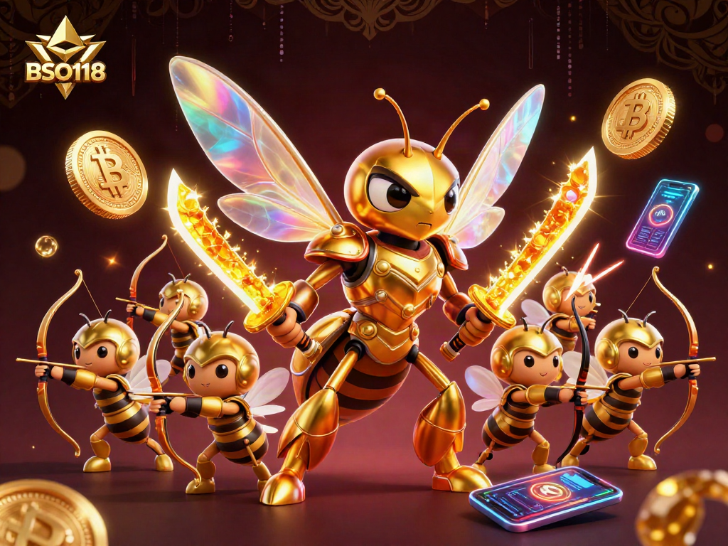 Experience the thrill of BSO118 with a captivating 3D illustration of a golden hornet samurai amidst crypto symbols, showcasing casino excitement.
