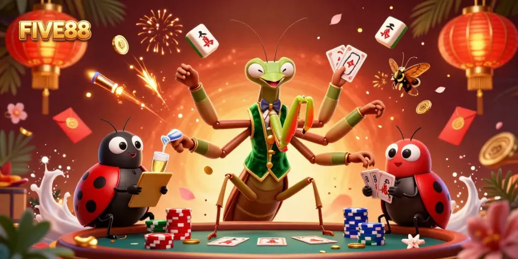 Experience thrilling moments at FIVE88 with vibrant casino elements, cards, and a lively atmosphere.
