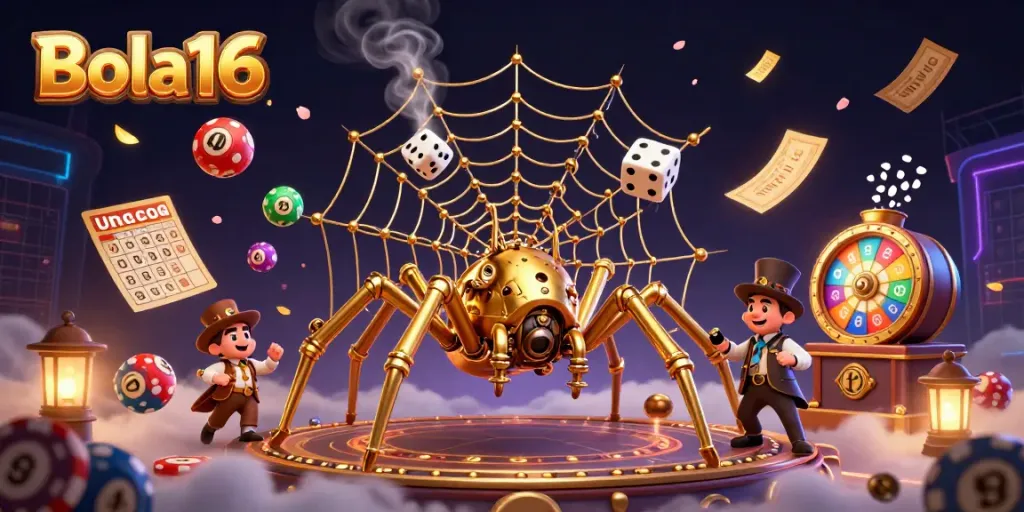 Bola16 showcases an engaging 3D illustration of a steampunk spider and fly amidst vibrant lottery elements.