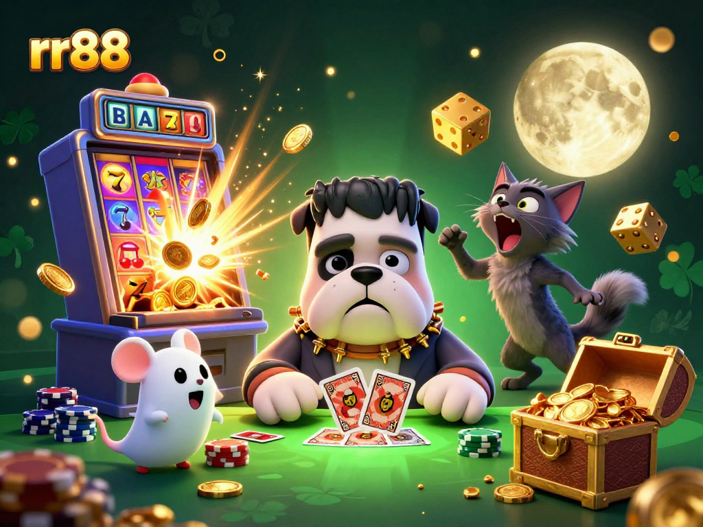 Engage in thrilling gaming at rr88 with a vibrant 3D scene of card dealing and jackpot excitement.