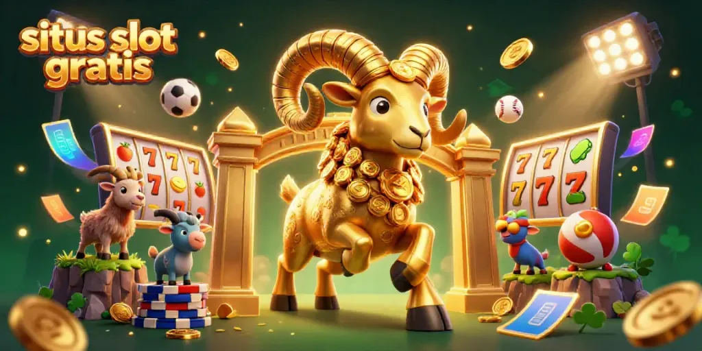 Experience the excitement of situs slot gratis, with a dynamic scene featuring a golden ram and casino elements.
