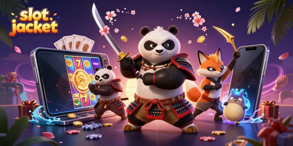 Experience the excitement of slot jackpots with a samurai panda, ninja fox, and floating spirit in a vibrant scene.