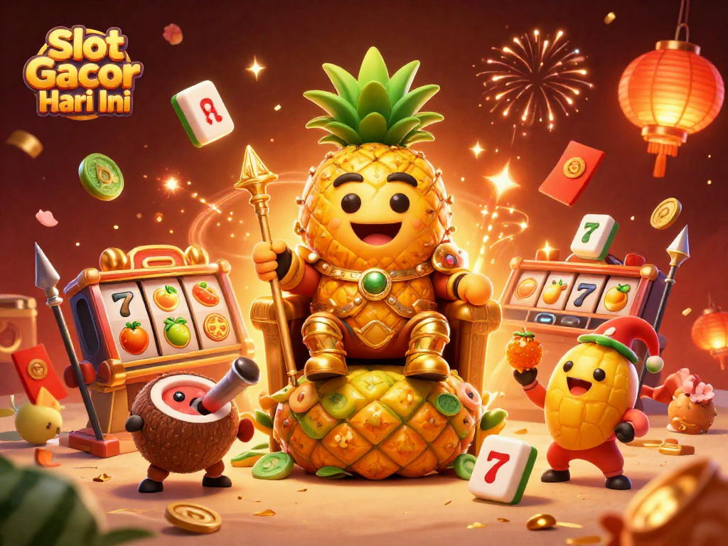 Experience Slot Gacor Hari Ini with vibrant illustrations of a pineapple king and casino ambiance.