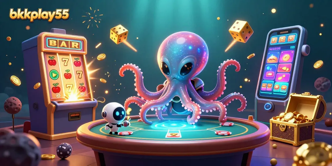 Engage with bkkplay55 at a poker table with an alien octopus and robot in a colorful casino scene.