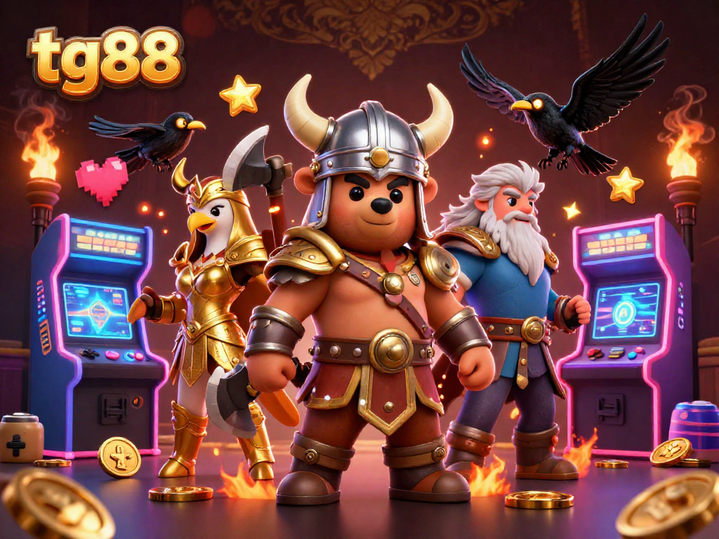 Engage with tg88's vibrant gaming experience, showcasing a Viking bear and Valkyrie eagle amidst casino-themed visuals.