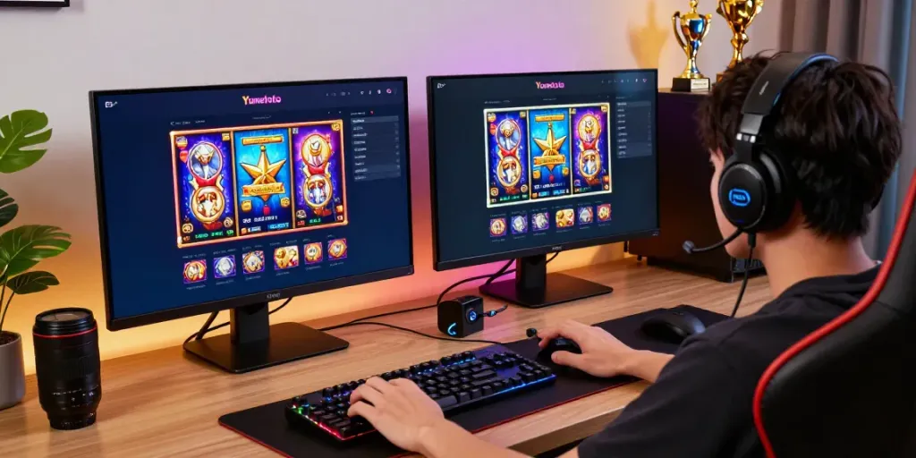 Immersive Yumetoto online gaming setup with player engaged in vibrant slot games.