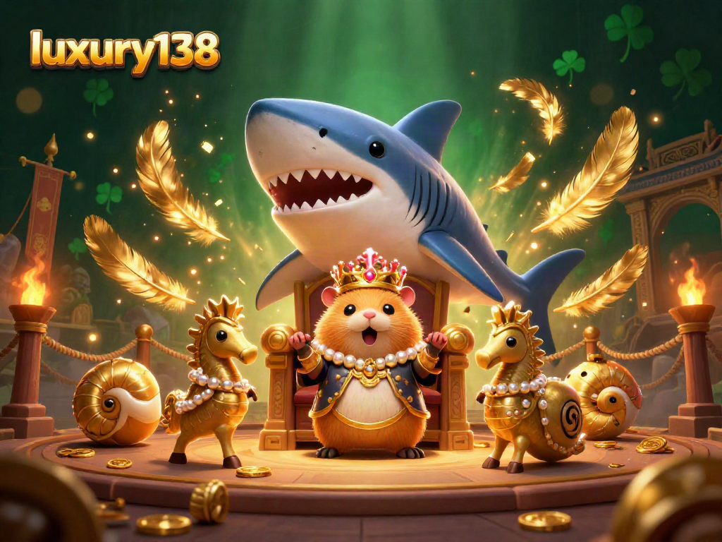 Luxury138 menghadirkan raja hamster emas bertakhta di gigitan hiu megalodon, dikelilingi elemen kasino.