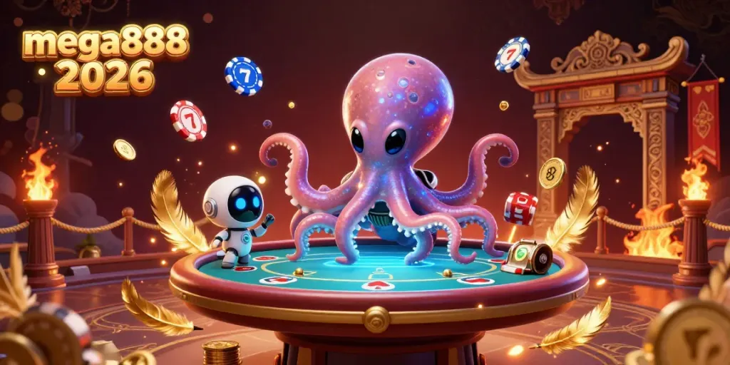 Experience mega888 2026 with an alien octopus at a holographic poker table amidst dynamic gaming elements.