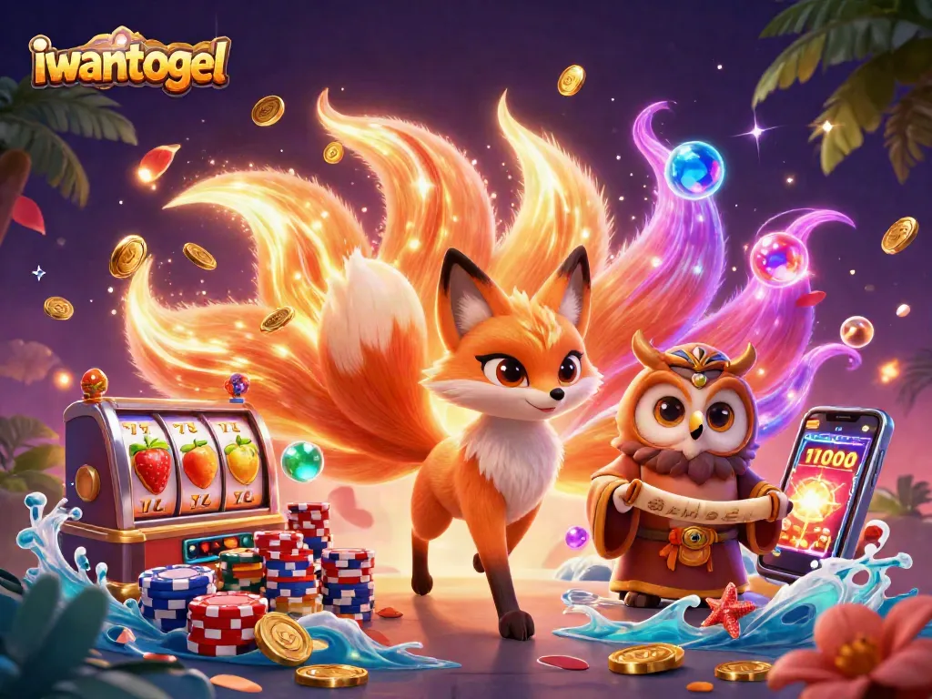 Play and win with iwantogel's vibrant 3D lottery illustration showcasing joyful characters and colorful slots.