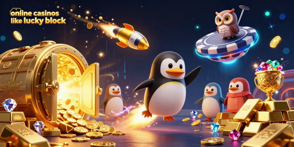 Experience thrilling gameplay at online casinos like Lucky Block, with vibrant Vegas-themed elements.