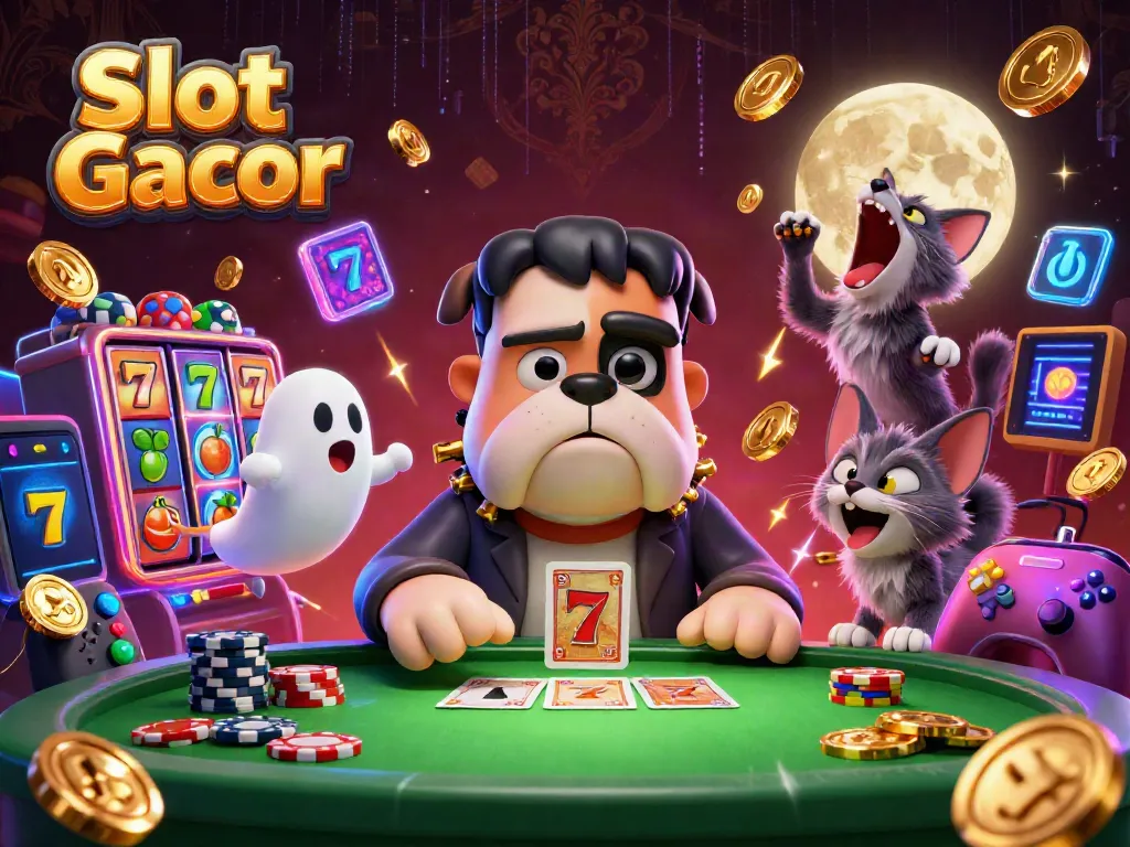 Engaging scene of Slot Gacor with a cartoon bulldog dealer and lucky symbols in a casino setup.